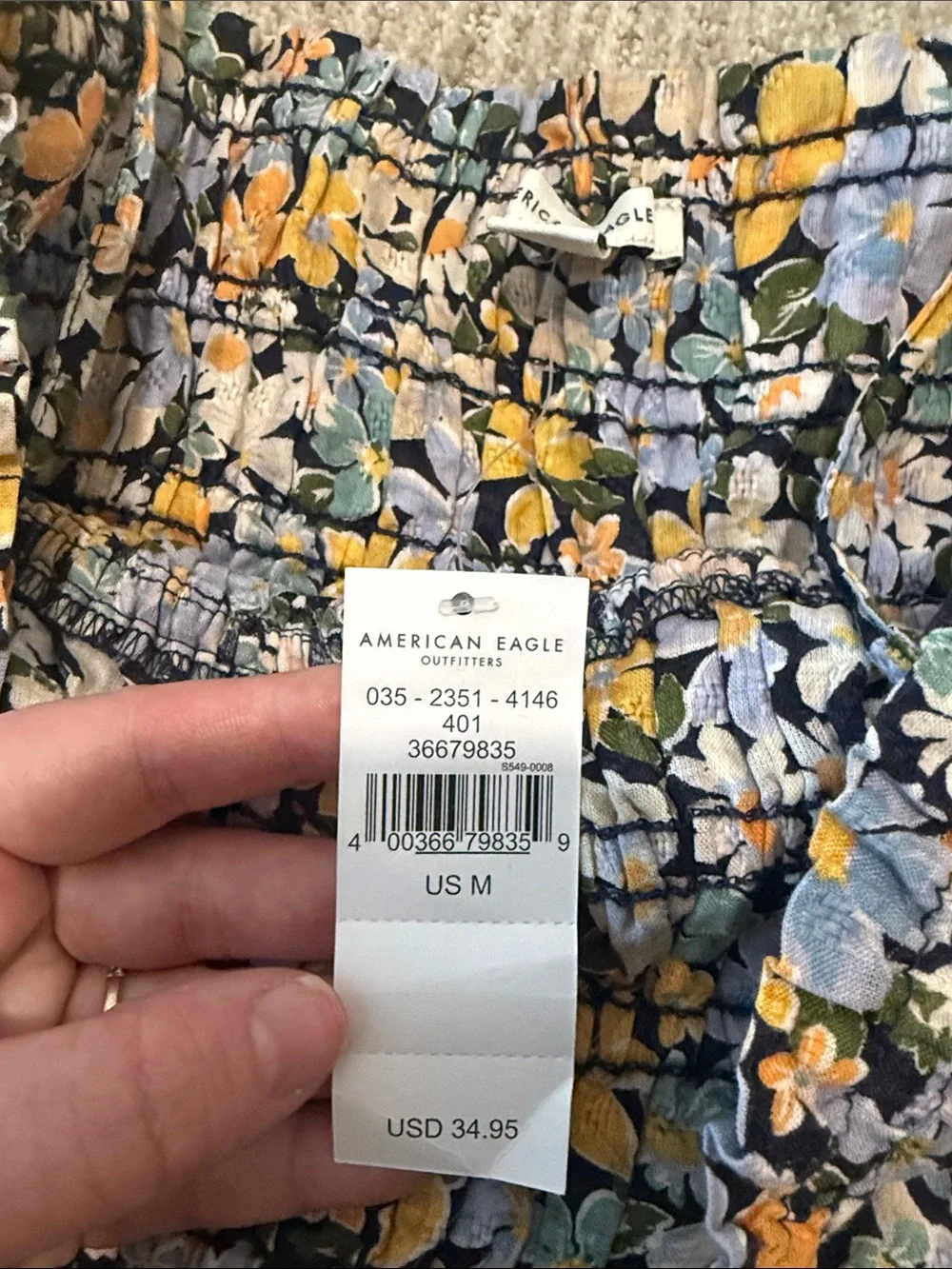 American Eagle Outfitters Black Floral Smocked Shirt